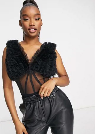 Черное боди под корсет с отделкой на плечах Lace & Beads Exclusive-Черный