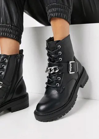 Черные байкерские ботинки на шнуровке с цепью New Look-Черный
