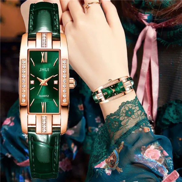 Женщины Прямоугольник Зеленый Римский Циферблат Часы Роскошные Дамы Кожаный Ремешок Кварцевые Наручные Часы для Девочек Подарок