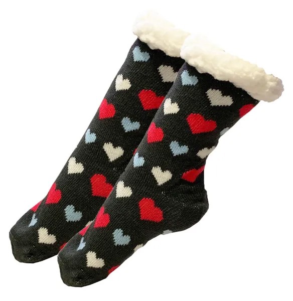 Женские толстые вязаные носки из флиса из шерпы, черная основа, разноцветные сердечки, 9–11