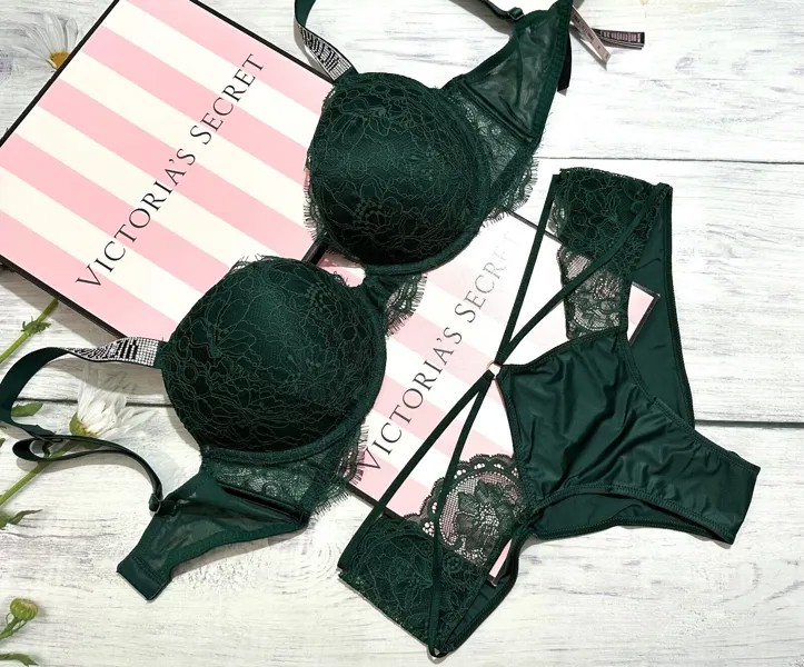 Victorias Secret очень сексуальный кружевной бюстгальтер пуш-ап на бретельках Cheeky Set Envious Green