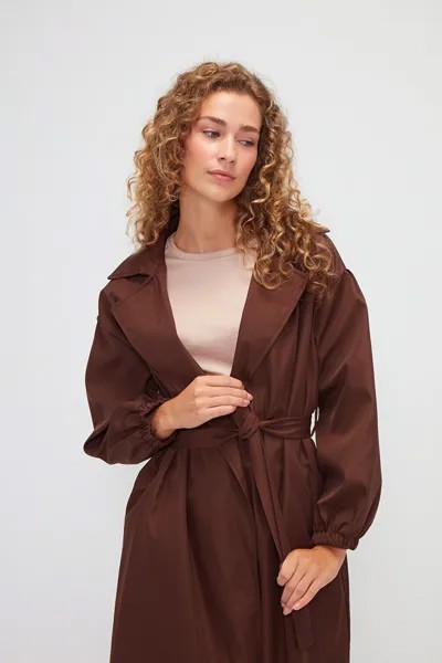 Однотонный женский плащ с длинным рукавом и воротником куртки MUNİ MUNİ, коричневый