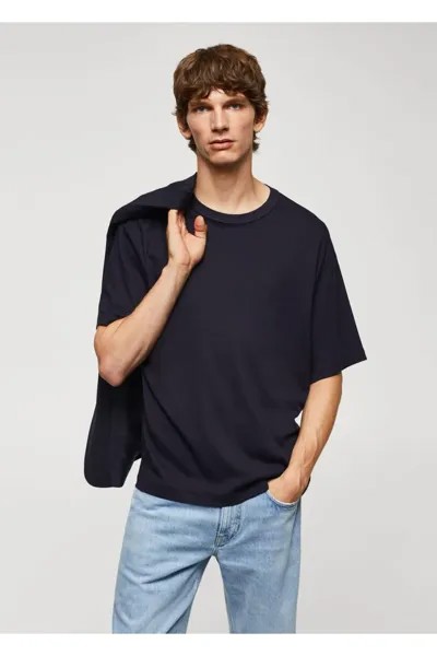 Футболка удобного кроя из 100% хлопка Mango, темно-синий