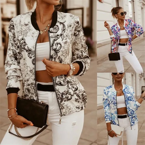 Женская модная короткая куртка цветочный принт Бомбер Куртка Повседневная молния Slim Fit Уличная одежда