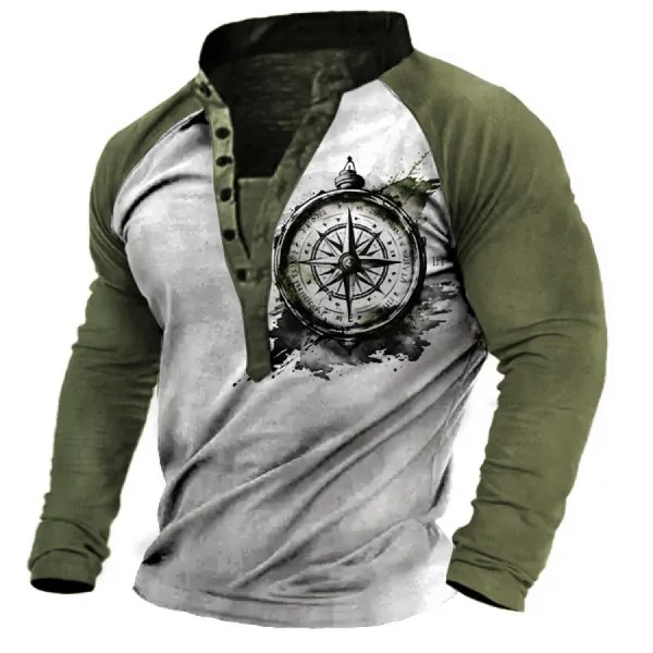 Мужчины Henley T-Shirt Compass Tattoo Design Print Retro Casual Shirt Collar Long Sleeve Raglan Sleeves Top