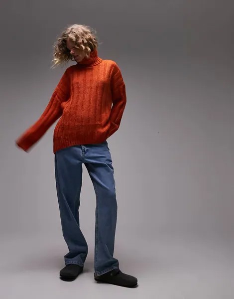 Ржавый вязаный джемпер в рубчик с широким воротником Topshop