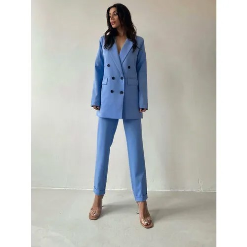 Костюм Blazer, жакет и брюки, классический стиль, полуприлегающий силуэт, пояс на резинке, размер 48, голубой