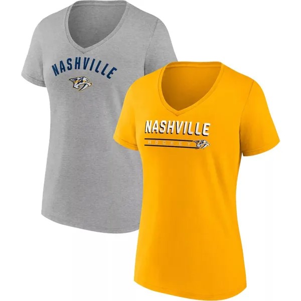 Женский комплект из двух футболок с v-образным вырезом и логотипом Fanatics золотистого/серого цвета Nashville Predators Fanatics