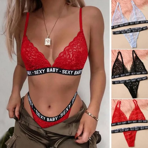 Женщины Сексуальное белье Чистое кружево Babydoll Стринги Нижнее белье Корсет Бюстгальтер Набор Две части Экзотическая пижама