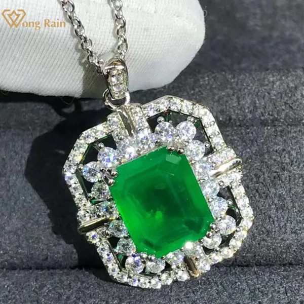 Wong Rain, винтажное серебро 925 пробы, кулон VVS 3EX 5CT, Moissanite, Изумрудный драгоценный камень, ожерелье для женщин, ювелирные украшения