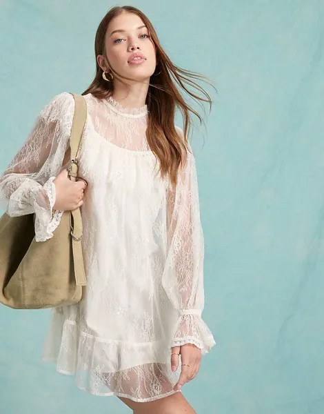 Miss Selfridge – Свободное кружевное платье цвета слоновой кости с рюшами