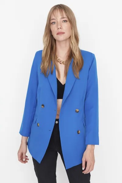 Двубортный пиджак полуночного синего цвета на тканой подкладке Trendyol, синий