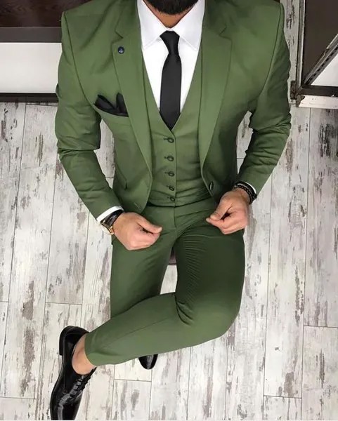 Красивый смокинг для жениха с двумя пуговицами; цвет оливковый, зеленый; мужские блейзеры с отворотами; костюмы из 3 предметов (пиджак + брюки + жилет + галстук); NO: 276