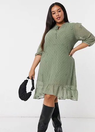 Свободное платье цвета хаки с завязками на воротнике Junarose-Зеленый