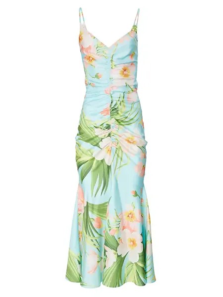 Шелковое платье-миди со сборками и цветочным принтом Carolina Herrera, мультиколор