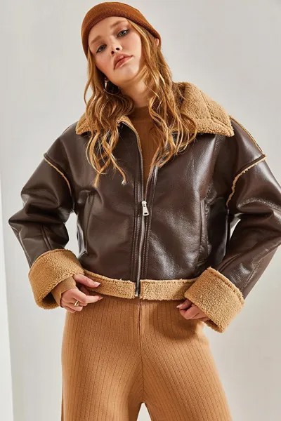 Женское меховое кожаное пальто с боковыми карманами SHADE