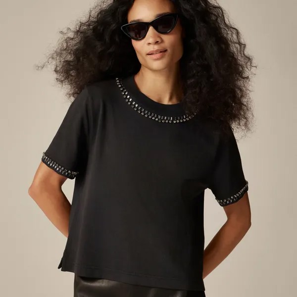 Свободная укороченная футболка из плотного трикотажа украшенная кристаллами J.Crew, черный