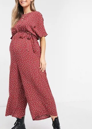 Бордовый комбинезон в горошек с завязкой на талии ASOS DESIGN Maternity-Мульти