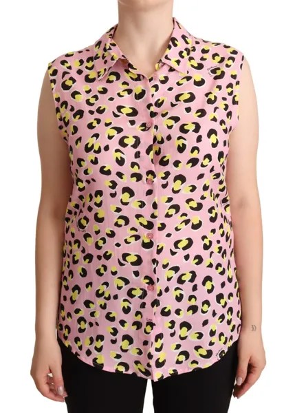 LOVE MOSCHINO Розовая рубашка-поло без рукавов с воротником и леопардовым принтом IT46/US12/XL $900