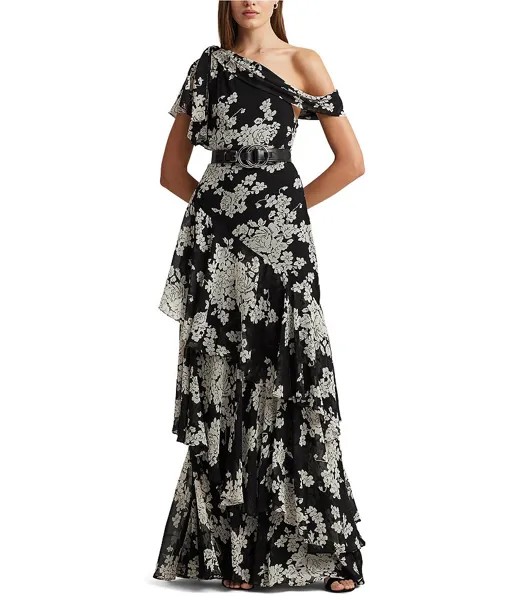 Lauren Ralph Lauren Georgette Многоуровневое платье на одно плечо с развевающимися рукавами и цветочным принтом, цветочный