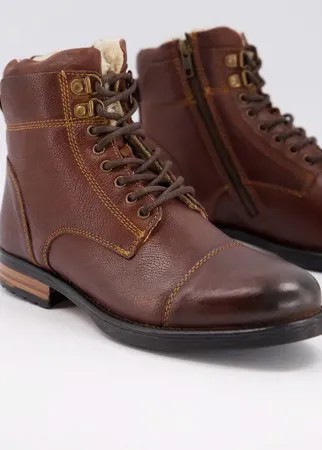 Коричневые ботинки из искусственной кожи на шнуровке с подкладкой из искусственного меха Silver Street-Коричневый