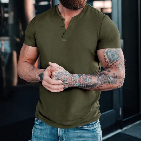 Мужская однотонная винтажная повседневная футболка с воротником-стойкой Henley
