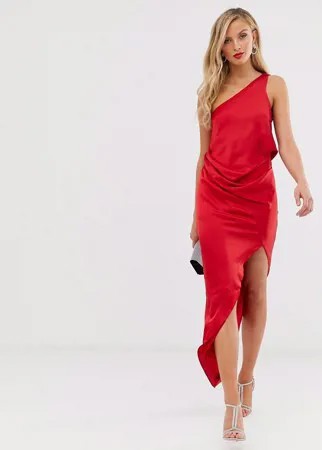 Красное атласное платье миди на одно плечо с драпировкой ASOS DESIGN-Красный