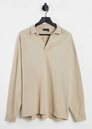 Oversized-лонгслив бежевого цвета с отложным воротником поло и отделкой в рубчик ASOS DESIGN-Желтый