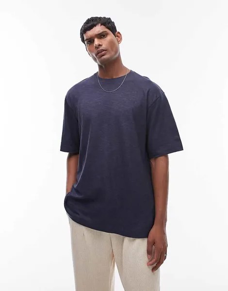 Темно-синяя футболка свободного кроя из смесового льна Topman