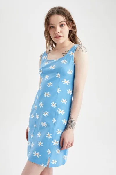Прохладное облегающее летнее мини-платье с квадратным вырезом и цветочным узором DeFacto, синий