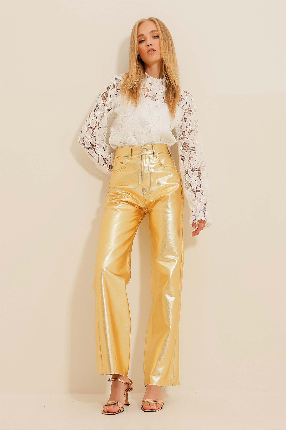 Женские позолоченные брюки-палаццо ALC-X11241 Trend Alaçatı Stili, золотой