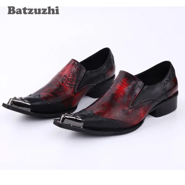 Batzuzhi 2020 мужские классические туфли ручной работы с острым носком серебряный металлический носок кожаные красные вечерние сексуальные свад...