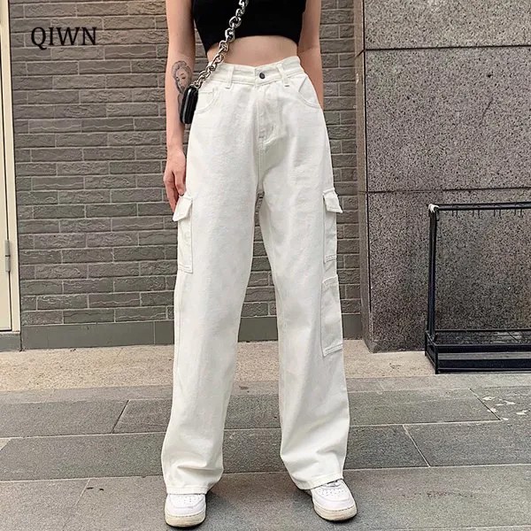 Белые однотонные мешковатые джинсы, прямые джинсовые брюки, корейский стиль, широкие брюки, повседневные свободные, уличная одежда, размера...