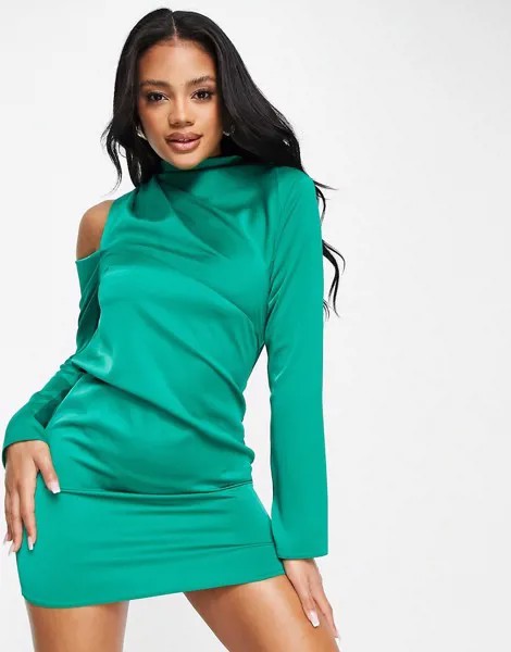 Атласное платье мини с драпировкой, высоким воротником и открытым плечом ASOS DESIGN-Зеленый цвет