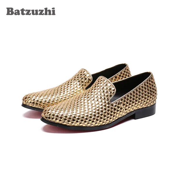 Роскошные золотистые/синие мужские лоферы Batzuzhi, повседневная обувь из натуральной кожи, мужские туфли на плоской подошве, мужские кожаные т...