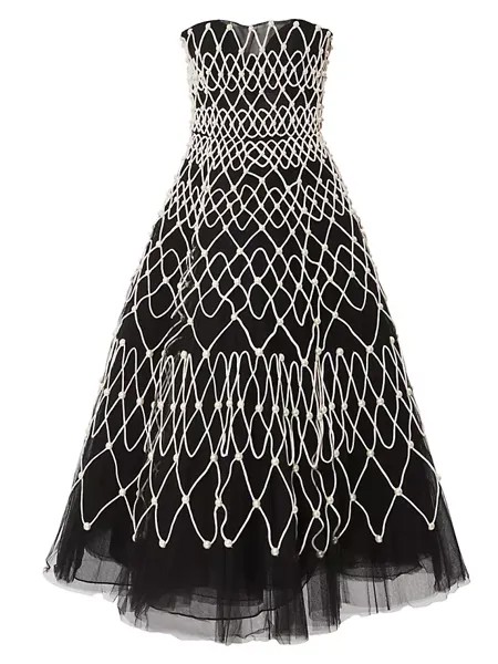 Коктейльное платье без бретелек из тюля шале, расшитое бисером и вышивкой Carolina Herrera, цвет black pearl
