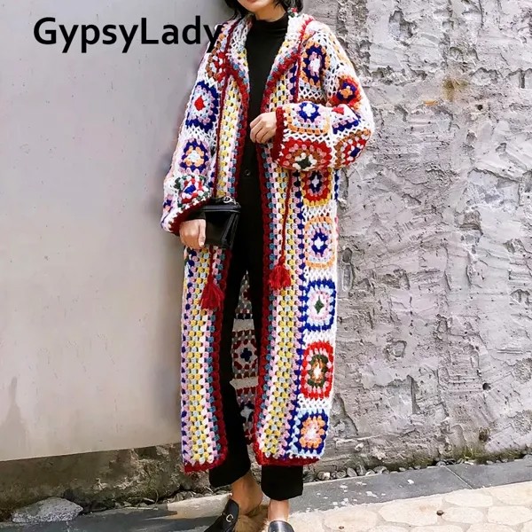 GypsyLady вязаные свитера ручной работы длинный кардиган хиппи бохо мохеровая куртка с длинным рукавом женские осенние пальто с капюшоном