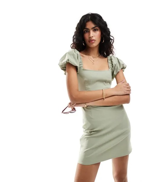Stradivarius — Короткое платье с пышными рукавами цвета хаки
