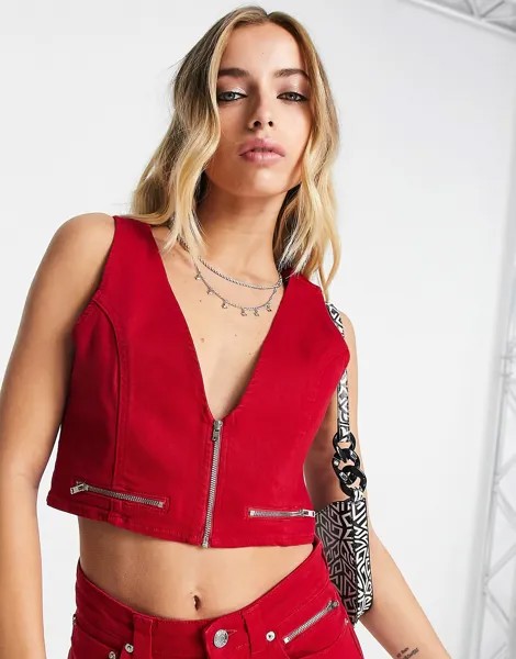 Красный джинсовый жилет с застежкой-молнией ASOS DESIGN