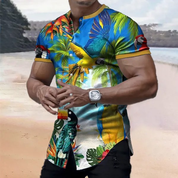 Мужская рубашка с принтом Hawaiian Tropical Plant Parrot Beach