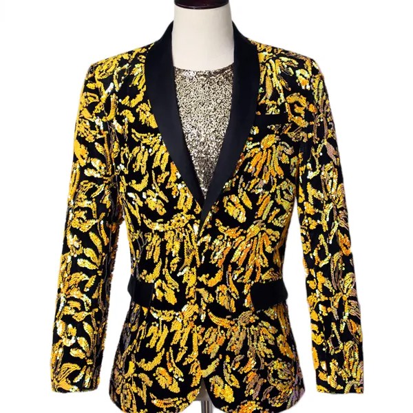 Роскошный золотистый цветочный костюм, мужской однобортный пиджак с воротником-шалью, приталенные блейзеры для мужчин, костюмы для s-клуба, ...
