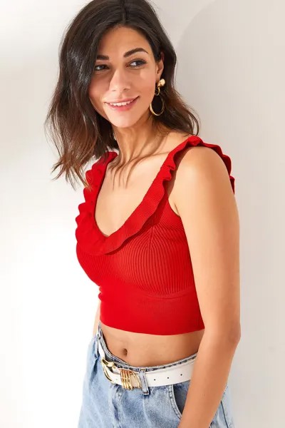 Женская красная укороченная трикотажная блузка с воланами Olalook, красный