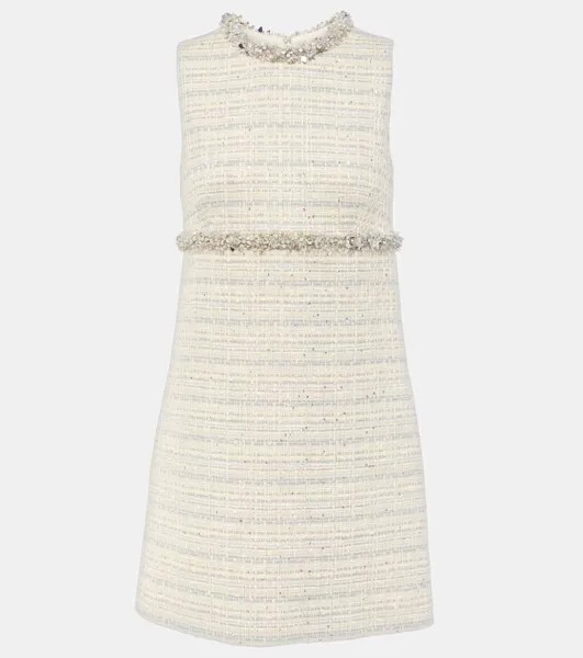 Мини-платье из твида с отделкой Valentino, цвет avorio/grey blue/strass