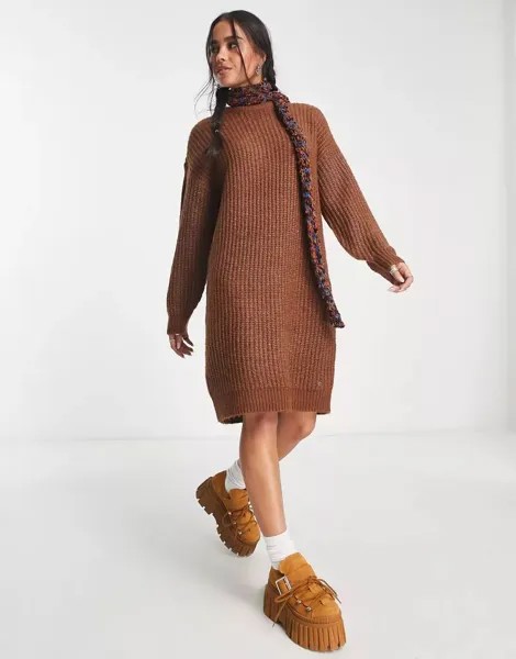 Коричневое вязаное платье-свитер миди Noisy May