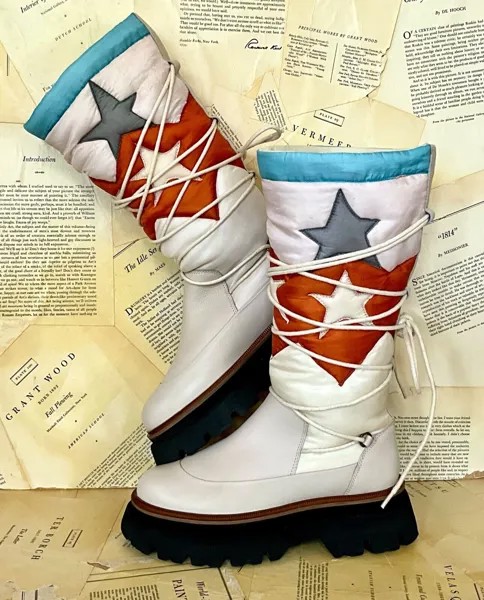 Кожаные ботинки-пуховики Free People Montrose со звездой и вышивкой на шнуровке цвета слоновой кости 40/10 НОВИНКА