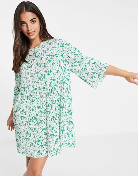 Свободное плиссированное платье мини с мелким цветочным принтом зеленого цвета ASOS DESIGN-Зеленый цвет