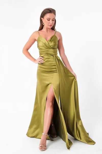 Женское длинное атласное вечернее платье масляно-зеленого цвета с ремешками и выпускное платье Lafaba, зеленый