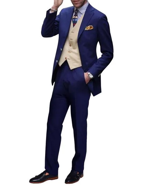 Мужские облегающие костюмы из 3 предметов, синие смокинг для жениха на свадьбу с отложным воротником с вырезом, бежевая жилетка, пальто, брюки, официальный деловой костюм