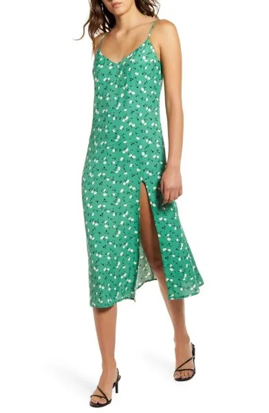 NEW REFORMATION Пико-зеленое платье-комбинация с цветочным принтом CRIMINI до бедра с высоким разрезом, 12 л