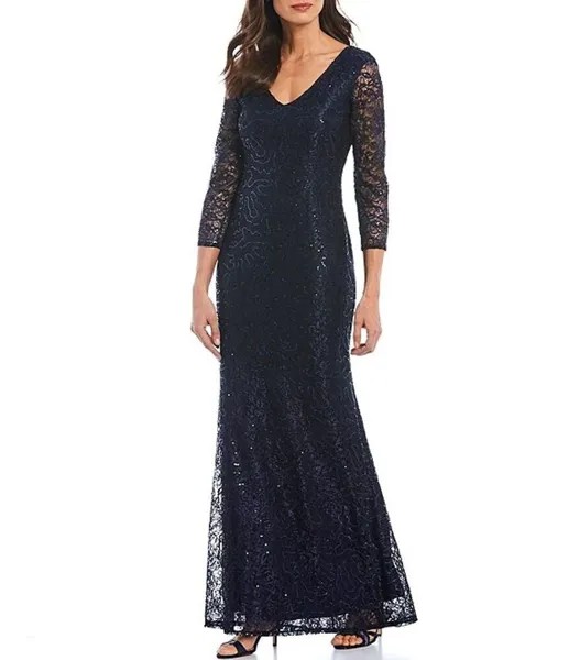 MARINA Темно-синее кружевное платье с пайетками, v-образным вырезом и спиной, иллюзия, прозрачные рукава 3/4, 22W, 3X